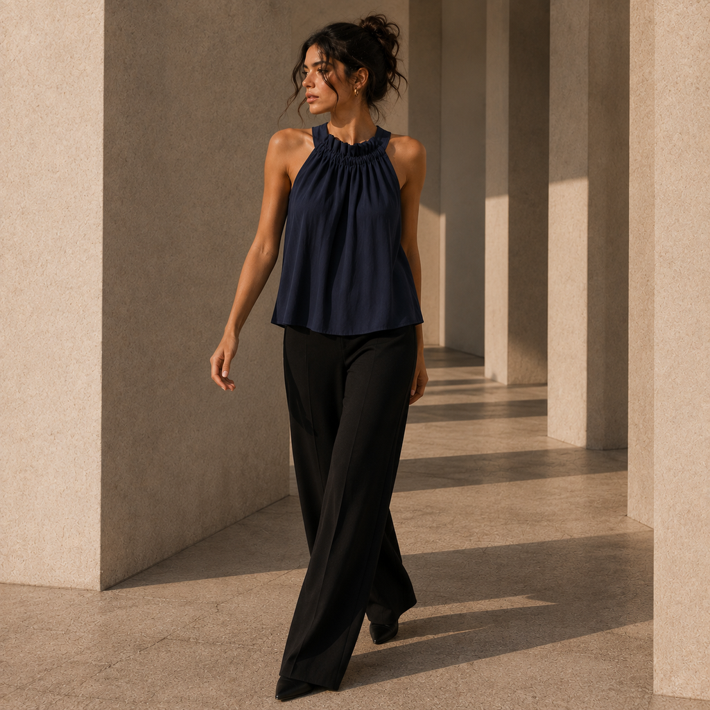 Blusa Helena azul de hombros descubiertos, look en movimiento