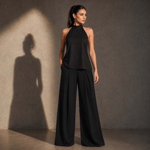 Blusa Nara negra halter, look de cuerpo entero
