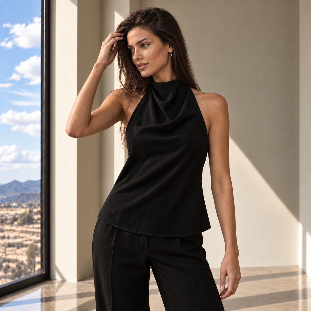 Blusa Livia negra halter con cuello drapeado, vista frontal medio cuerpo