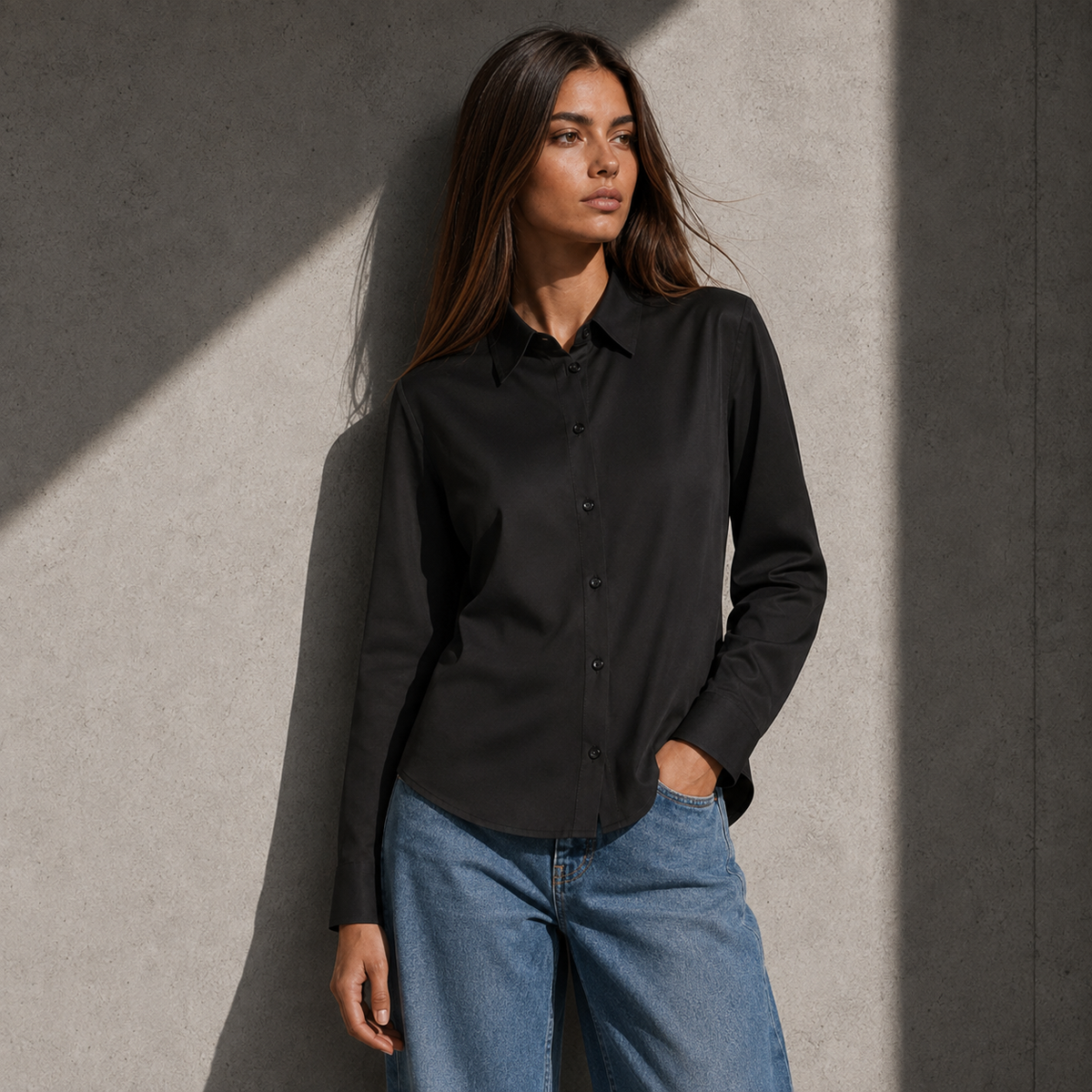 Detalle de la Camisa Roma negra de satín mate