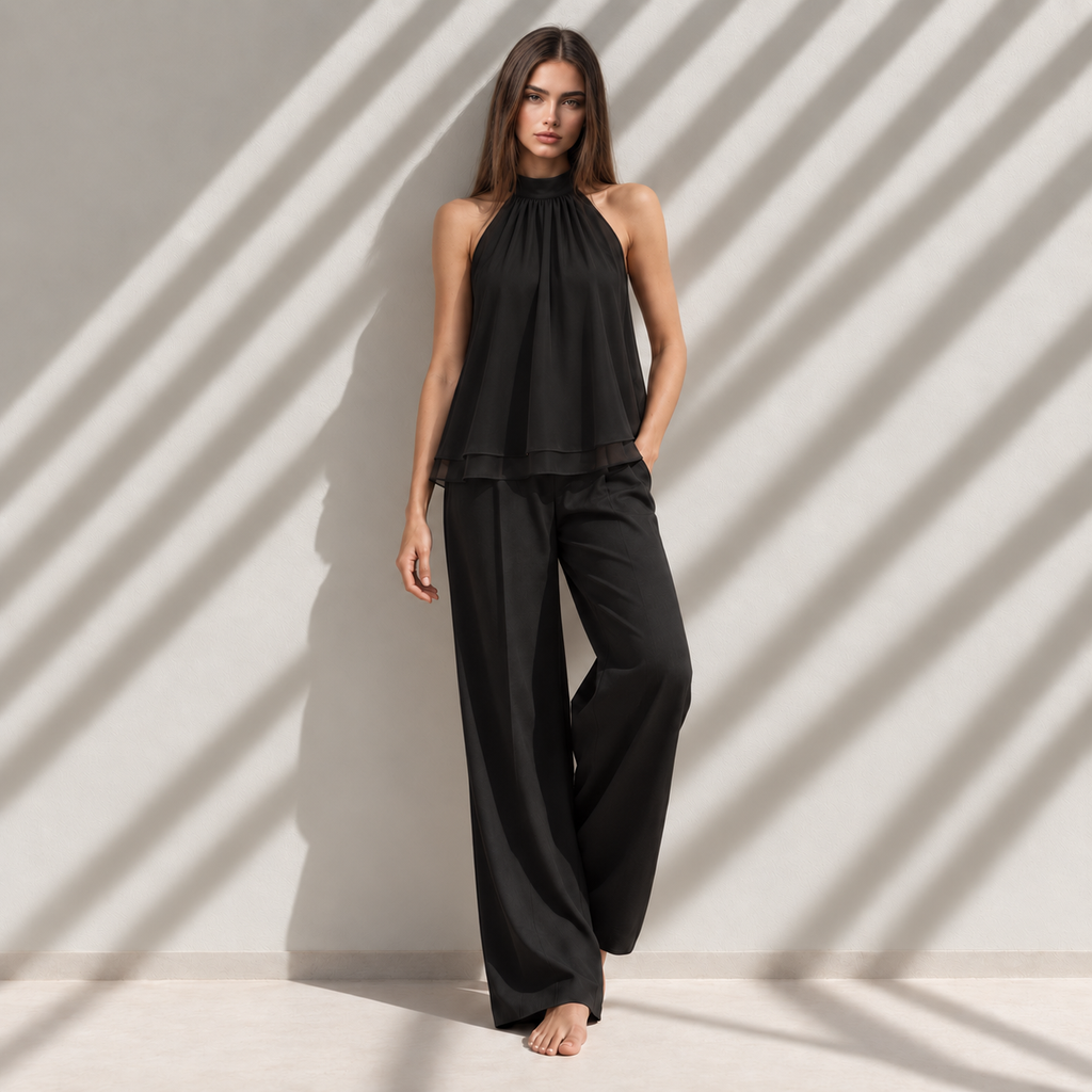 Blusa Vela negra halter de doble gasa, look de cuerpo entero