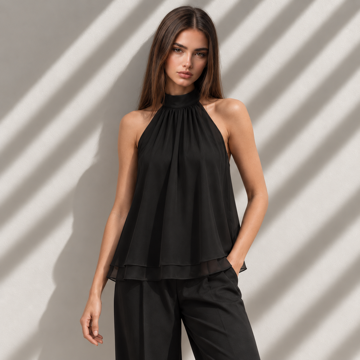 Blusa Vela negra halter de doble gasa, imagen principal