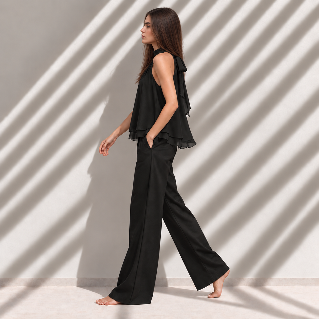 Blusa Vela negra halter de doble gasa, look editorial