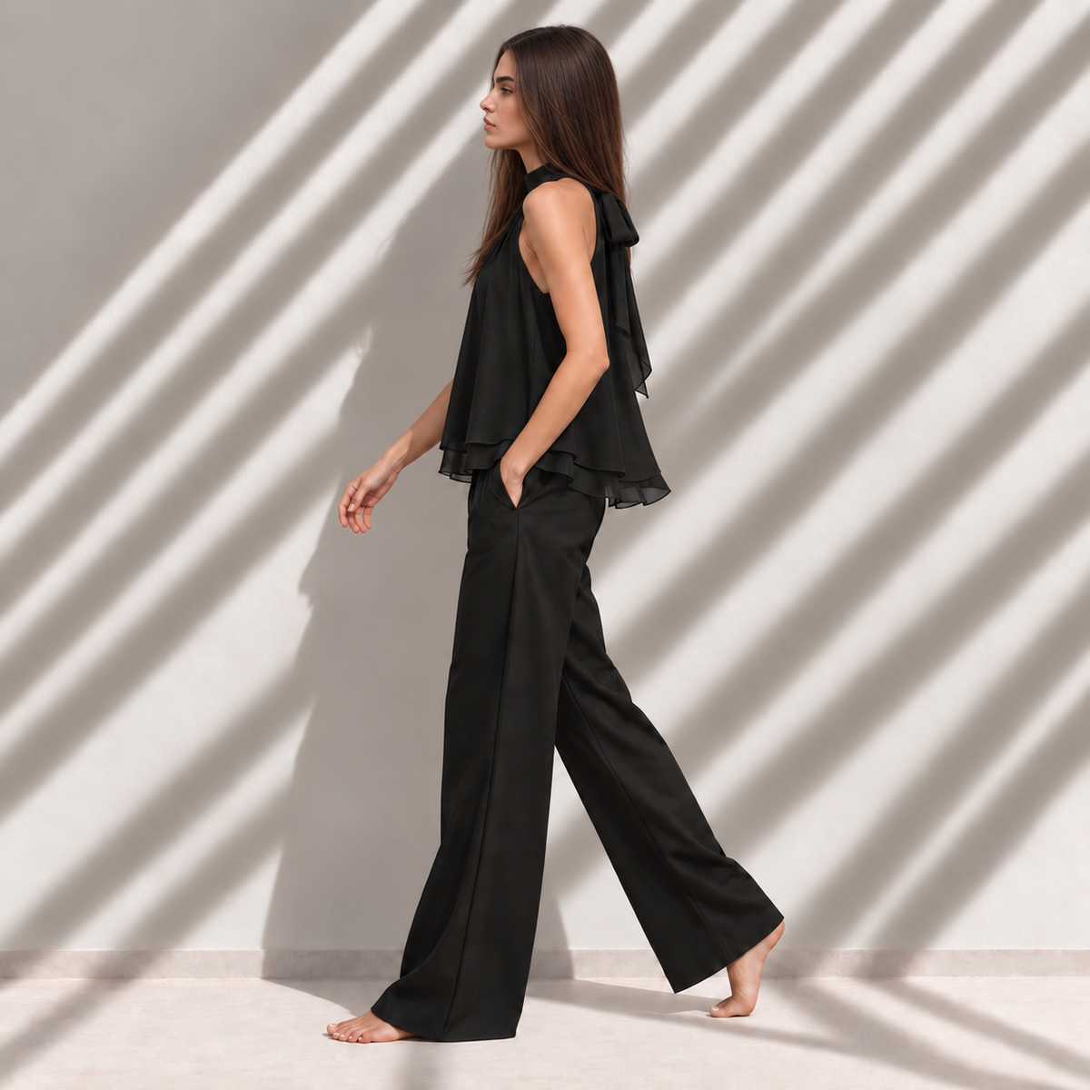 Blusa Vela negra halter de doble gasa, look editorial