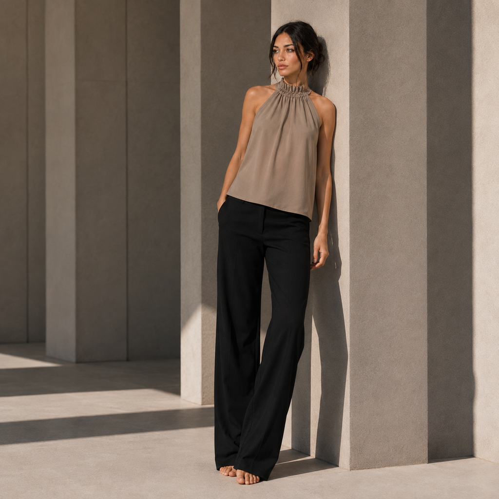 Blusa Helena beige de hombros descubiertos, look de cuerpo entero