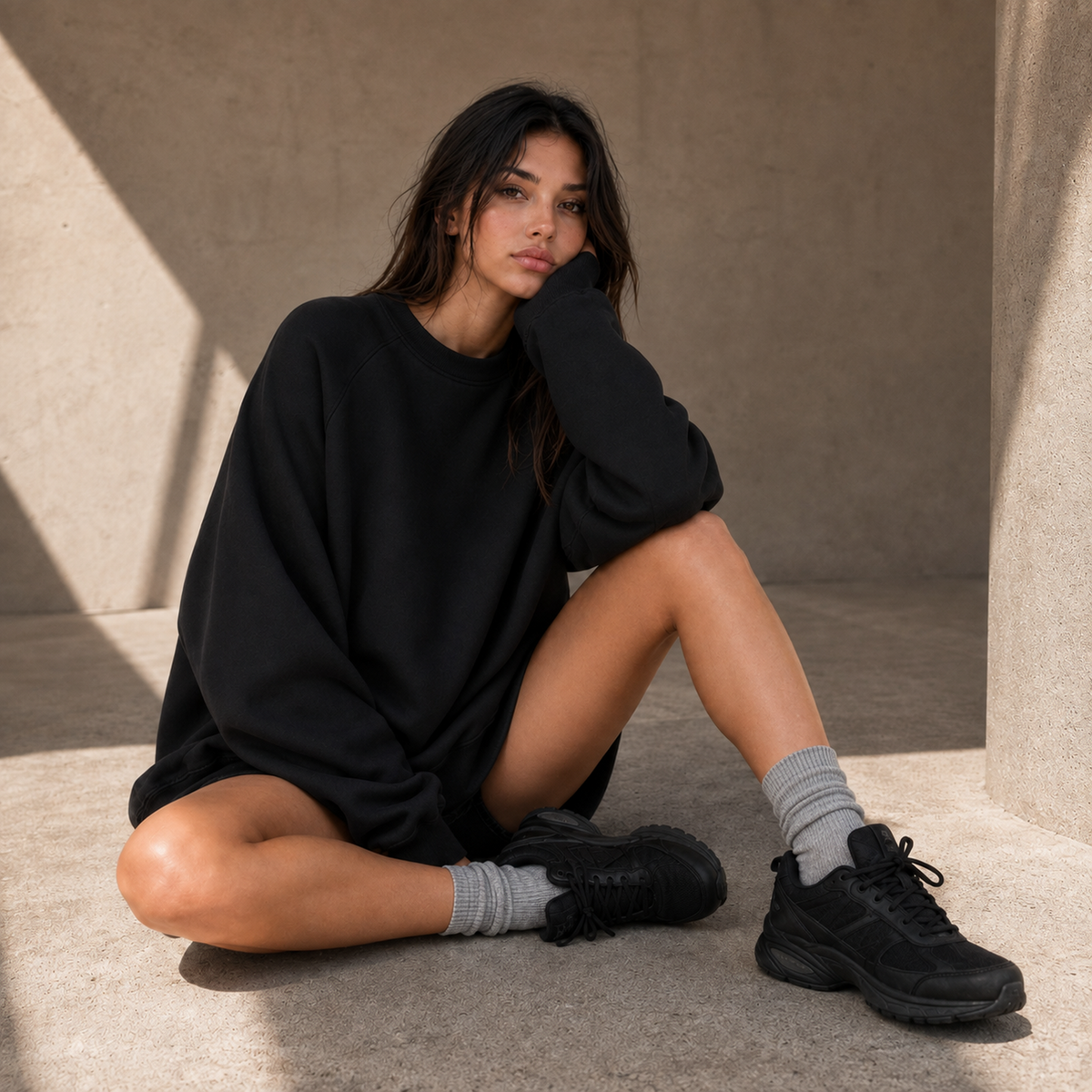 Polerón Nodo negro de algodón pima, look sentada