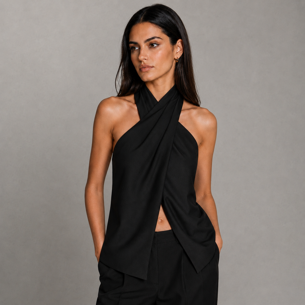 Top Syros negro halter, vista de medio cuerpo